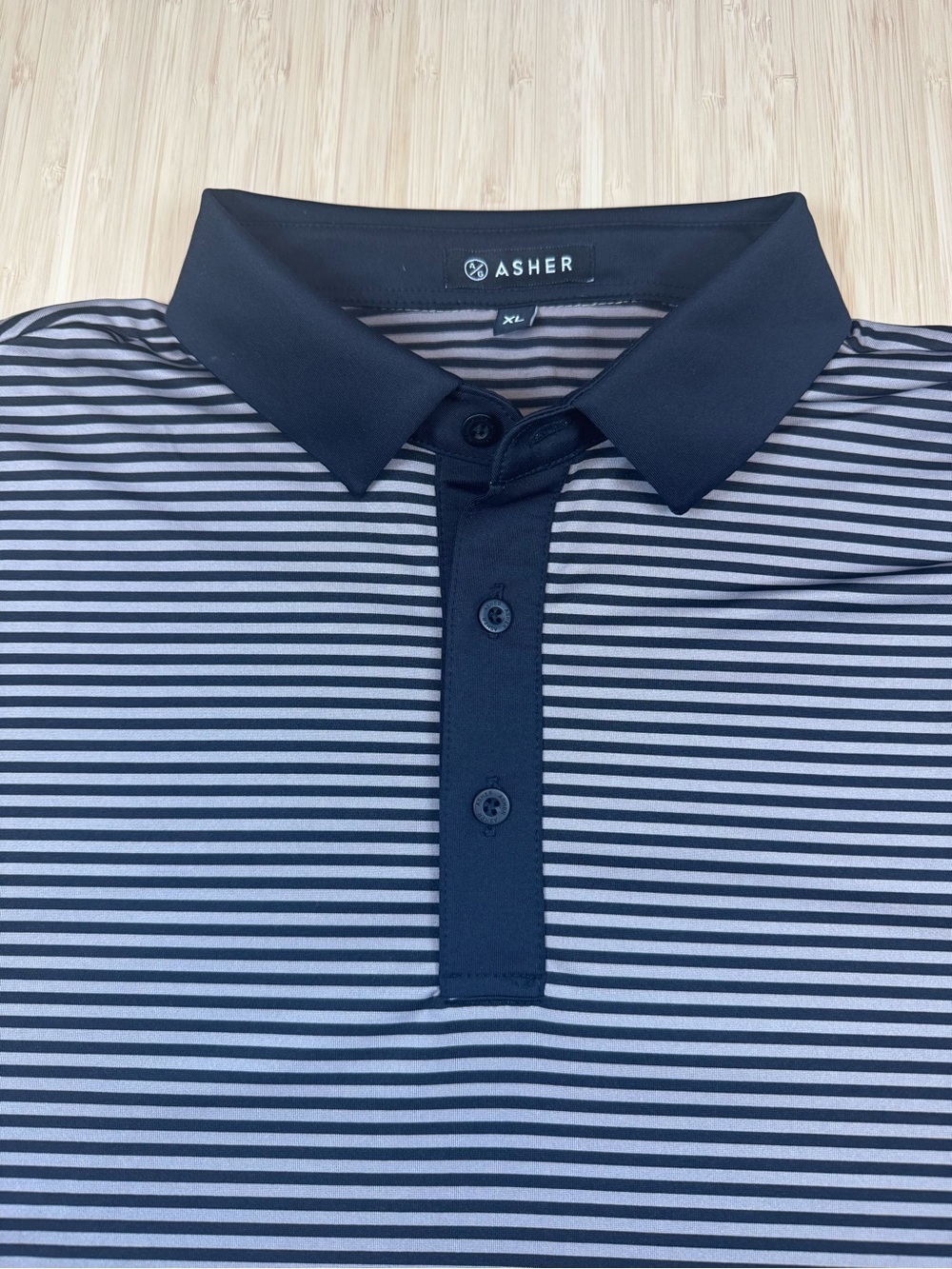 Asher Men's Golf Traverse Stripe Performance Polo Black and Gray.